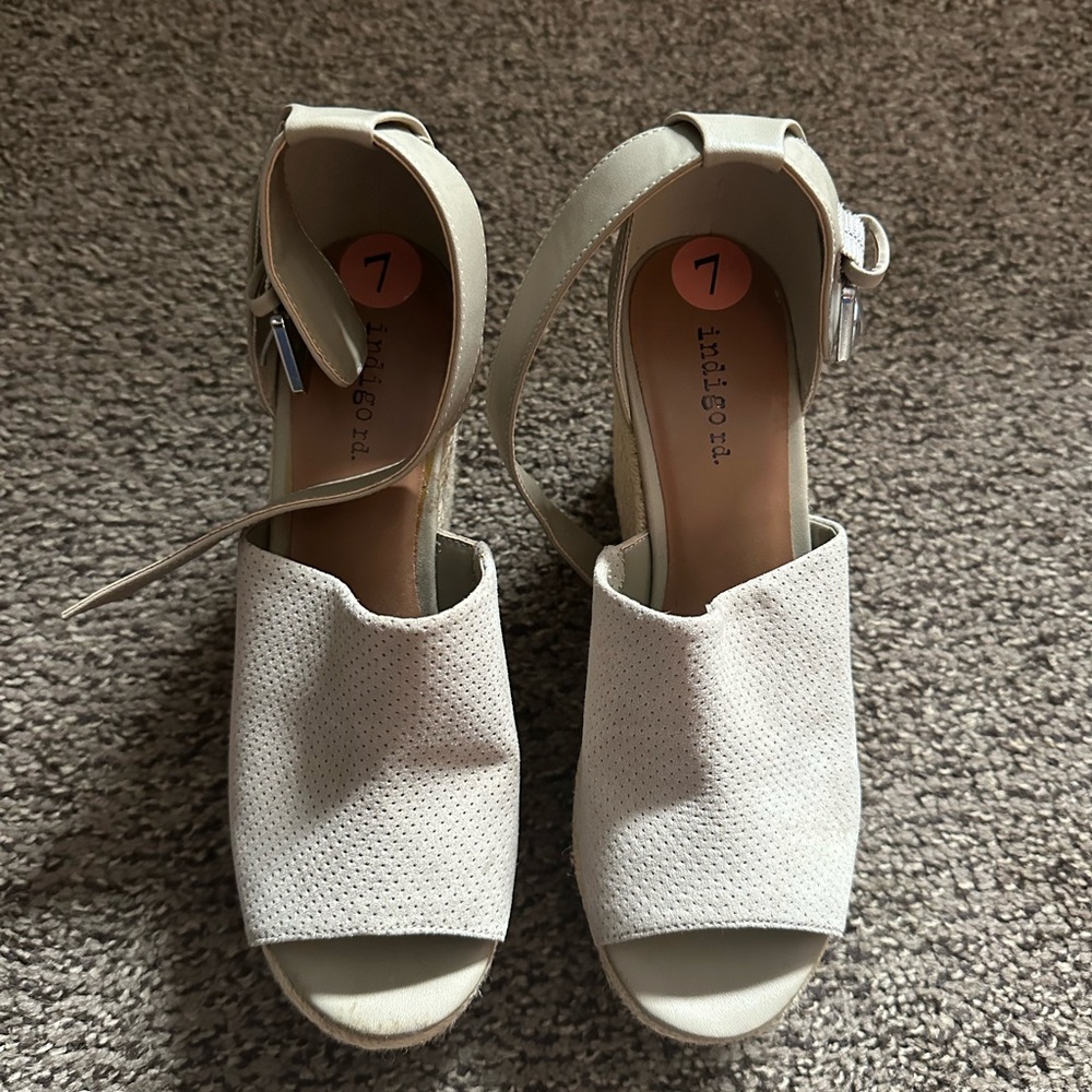 Indigo Cream Open-Peep Wedge Sandals with Ankle Strap